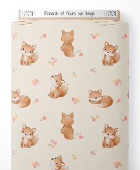 Tissu - Renards et fleurs sur beige