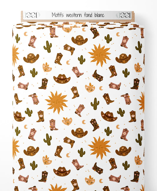 Tissu - Motifs western sur fond blanc
