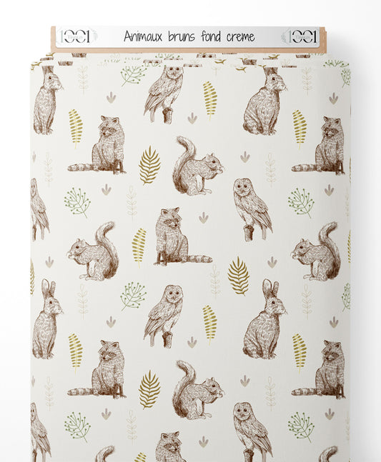Tissu - Animaux bruns sur fond crème