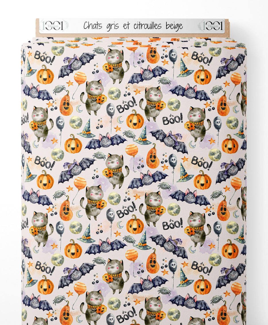 Tissu - Chats gris et citrouilles beige