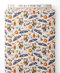 Tissu - Chats gris et citrouilles beige