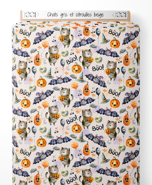 Tissu - Chats gris et citrouilles beige