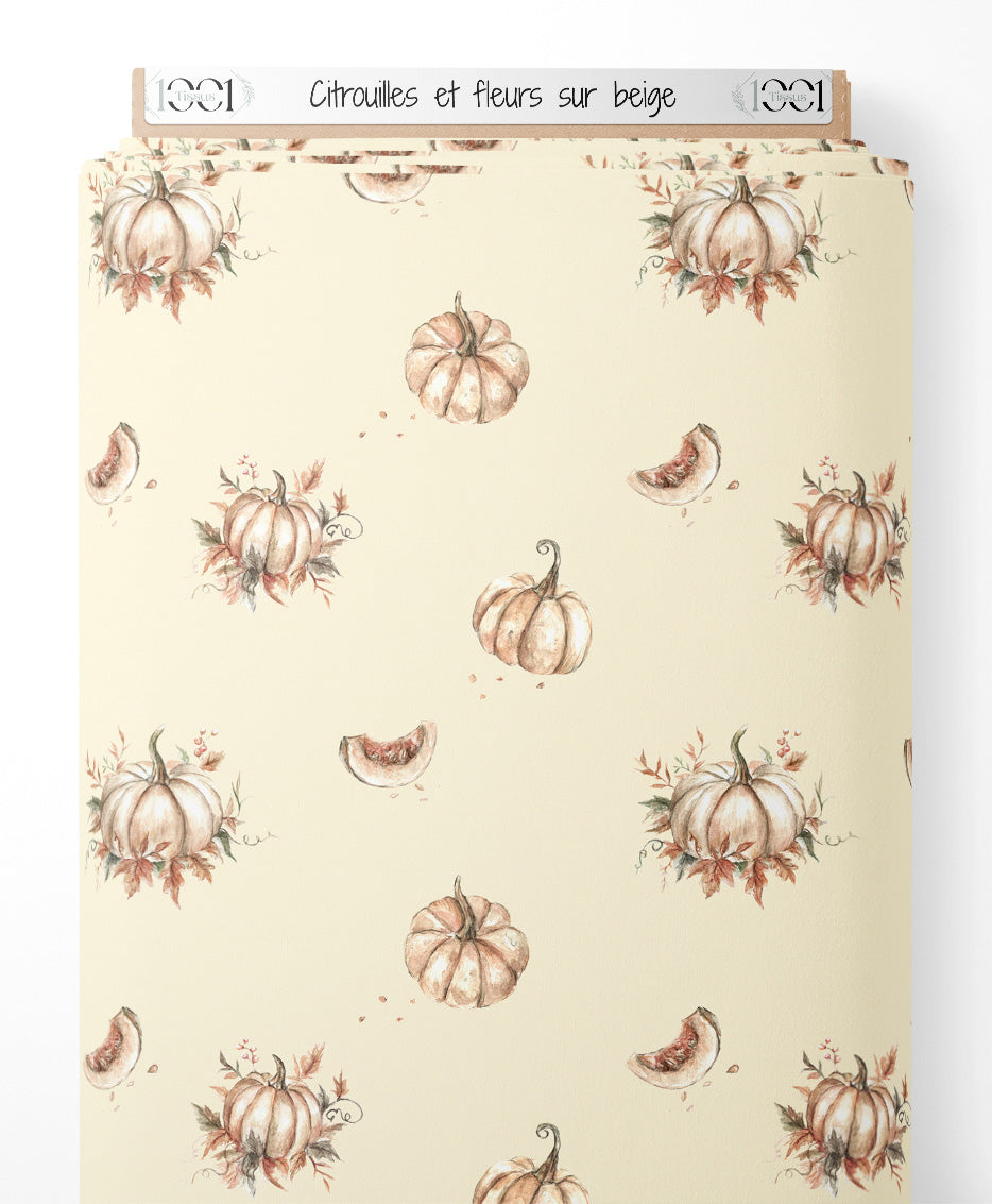 Tissu - Citrouilles et fleurs sur beige