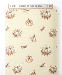 Tissu - Citrouilles et fleurs sur beige