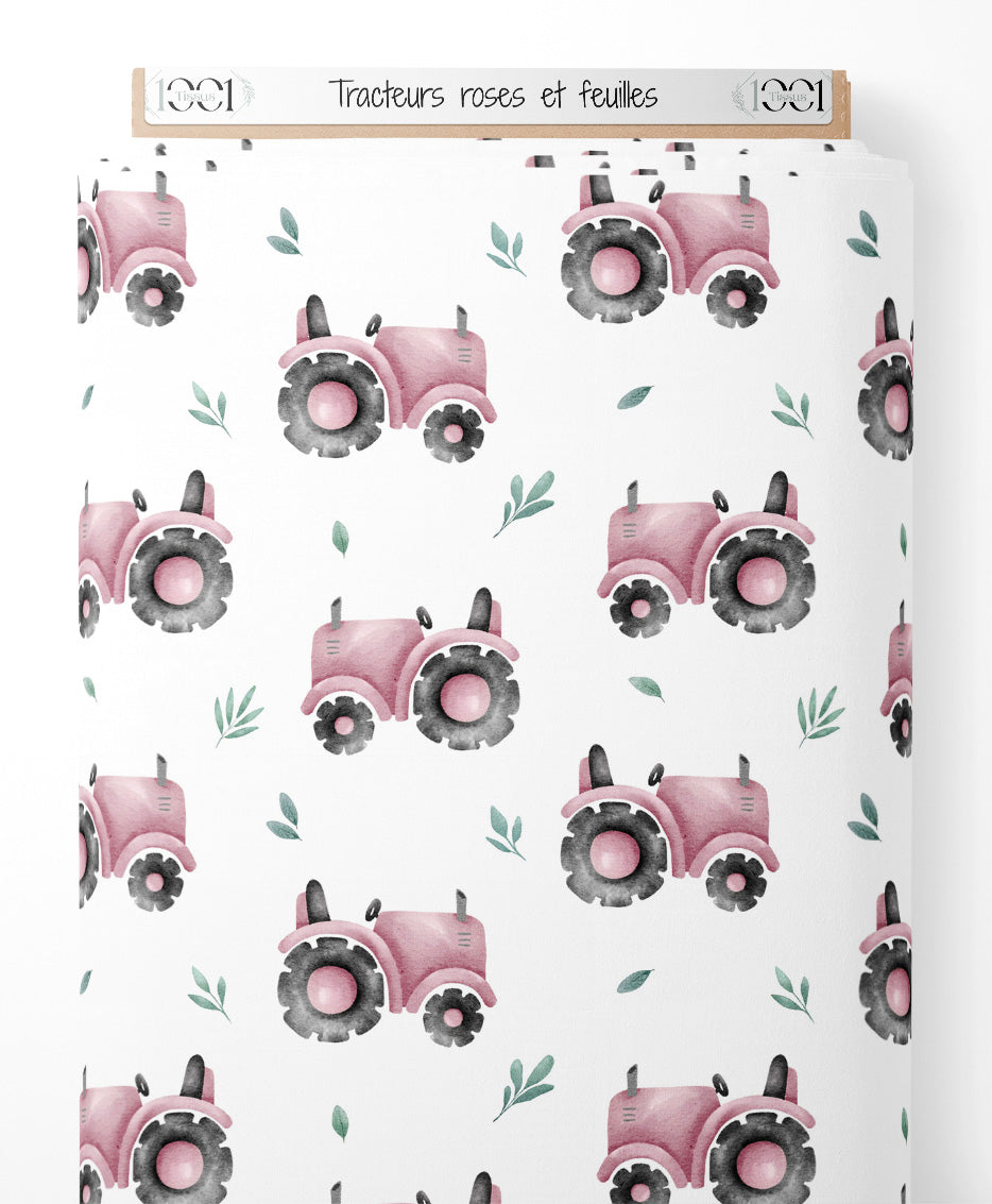 Tissu - Tracteurs roses et feuilles