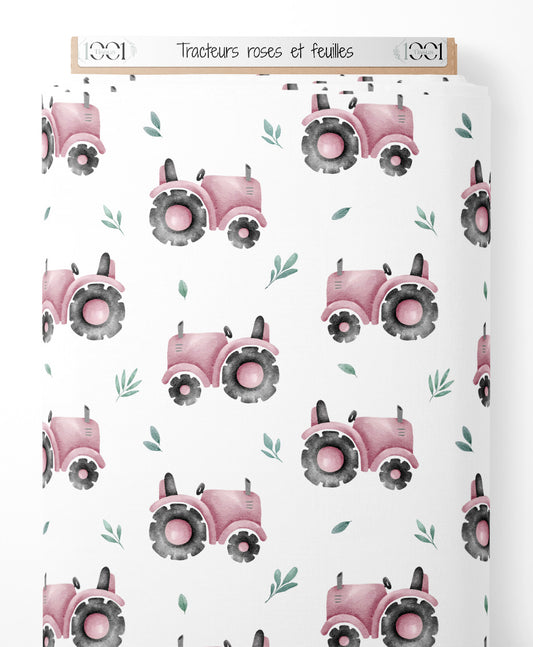 Tissu - Tracteurs roses et feuilles