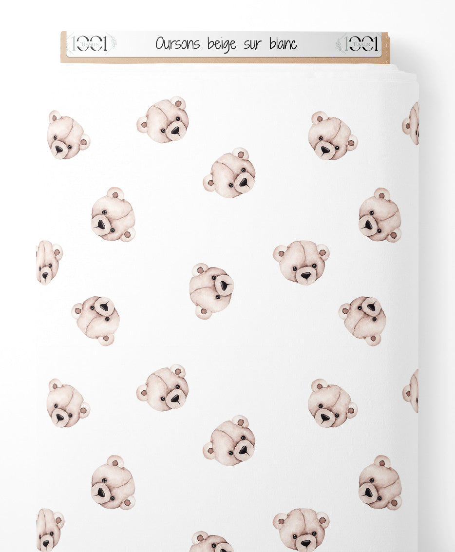 Tissu - Oursons beige sur blanc