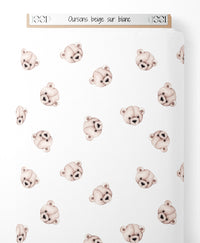 Tissu - Oursons beige sur blanc