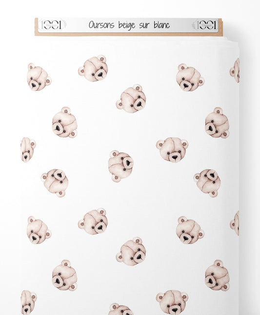 Tissu - Oursons beige sur blanc