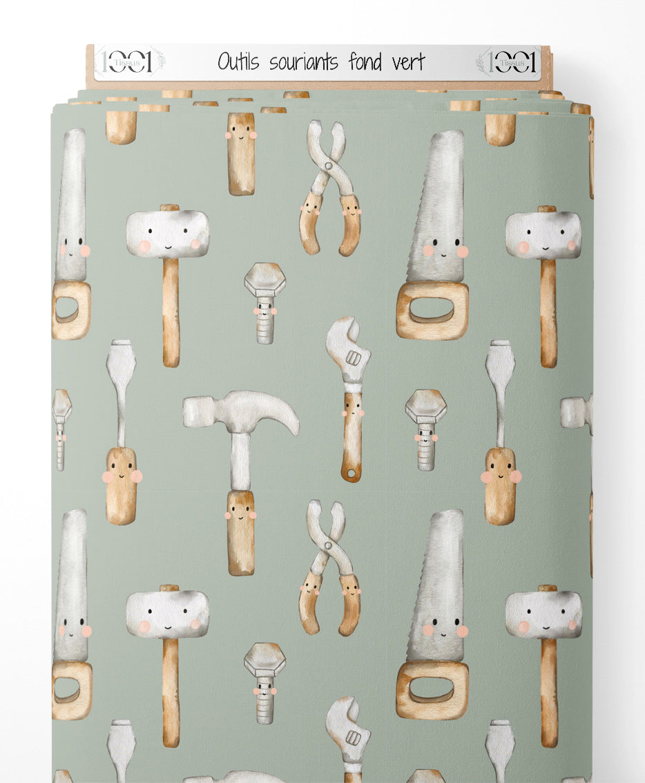 Tissu - Outils souriants sur fond vert