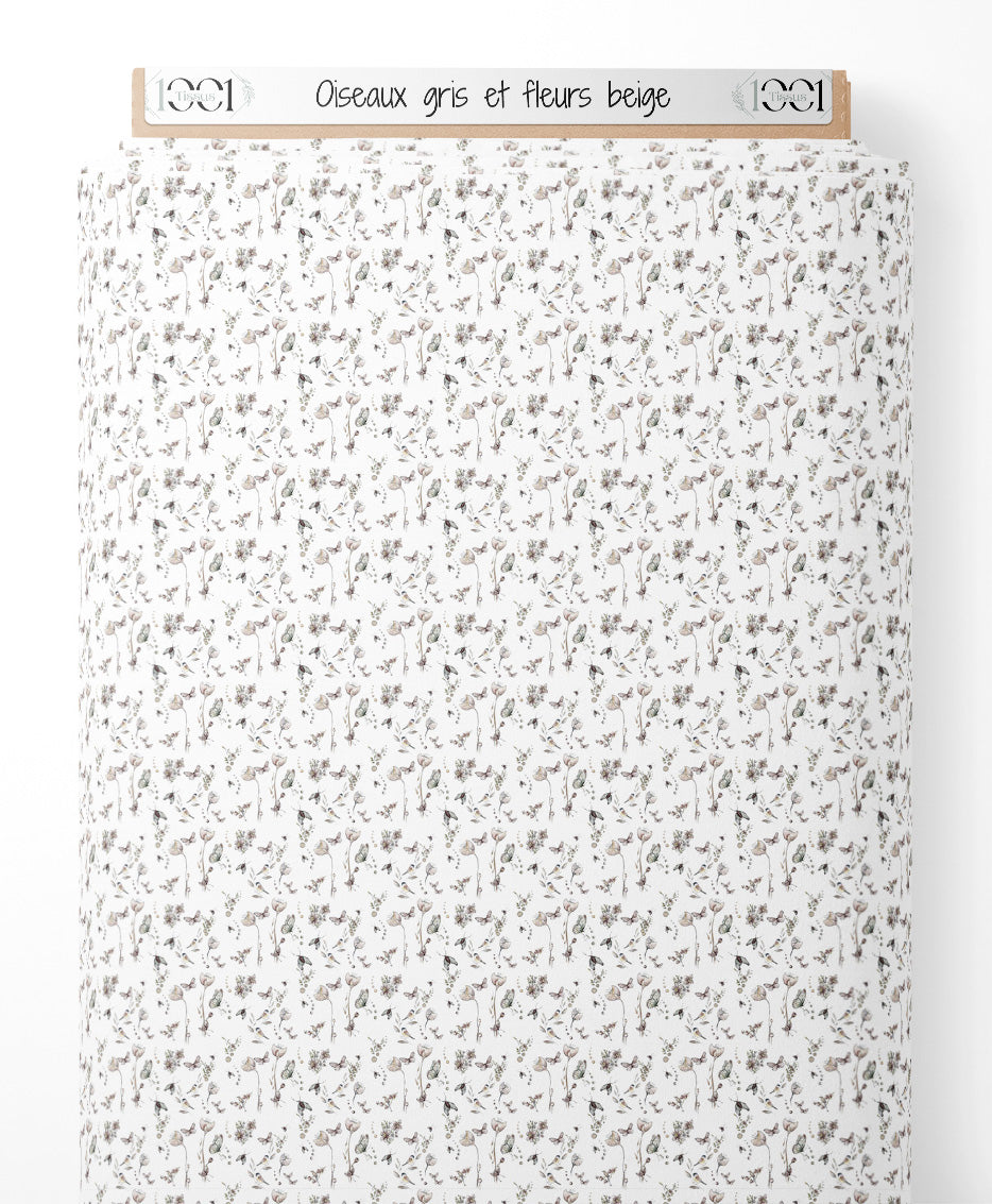 Tissu - Oiseaux gris et fleurs beige