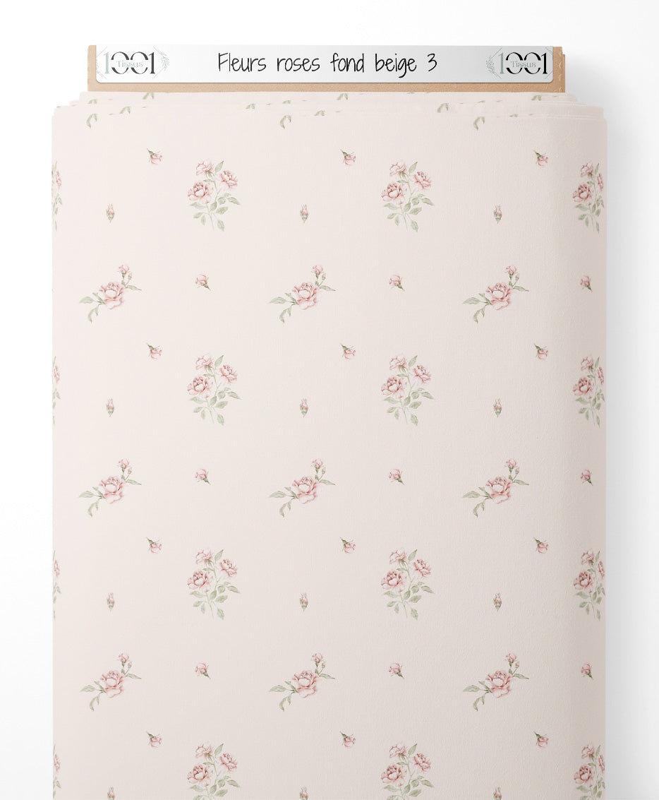 Tissu - Fleurs roses sur fond beige 3