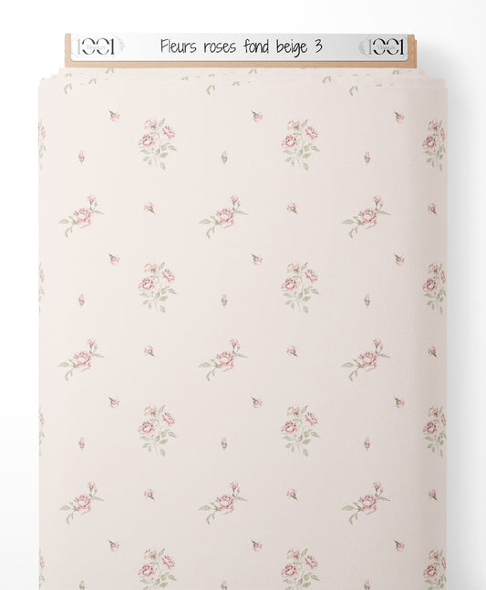 Tissu - Fleurs roses sur fond beige 3