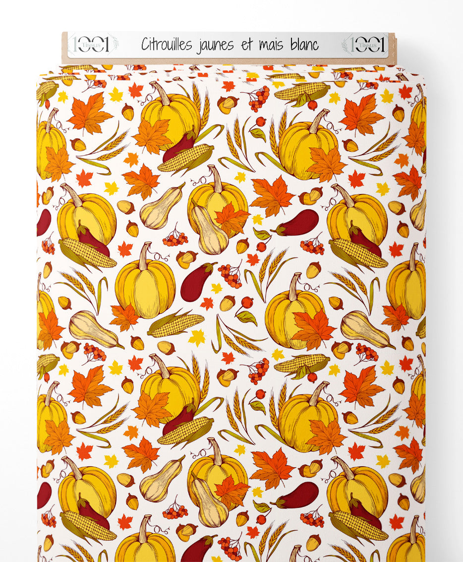 Tissu - Citrouilles jaunes et maïs blanc