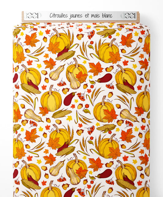 Tissu - Citrouilles jaunes et maïs blanc