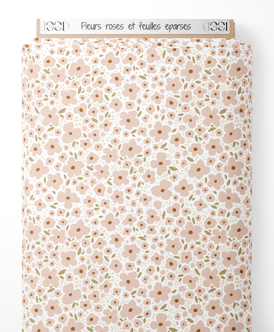 Tissu - Fleurs roses et feuilles éparses
