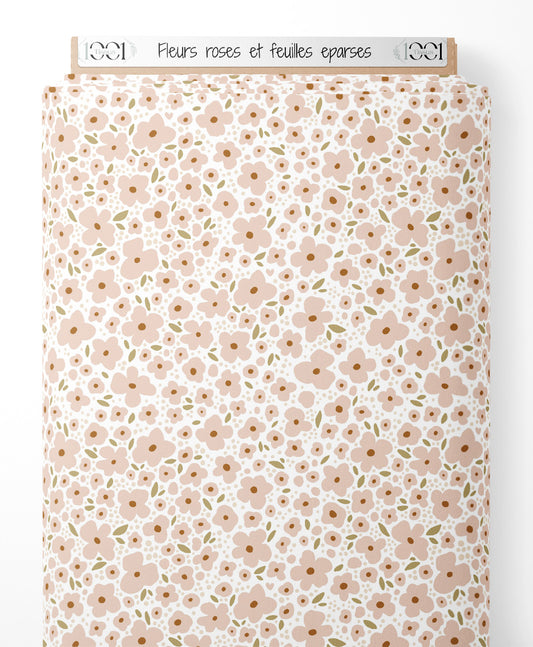Tissu - Fleurs roses et feuilles éparses