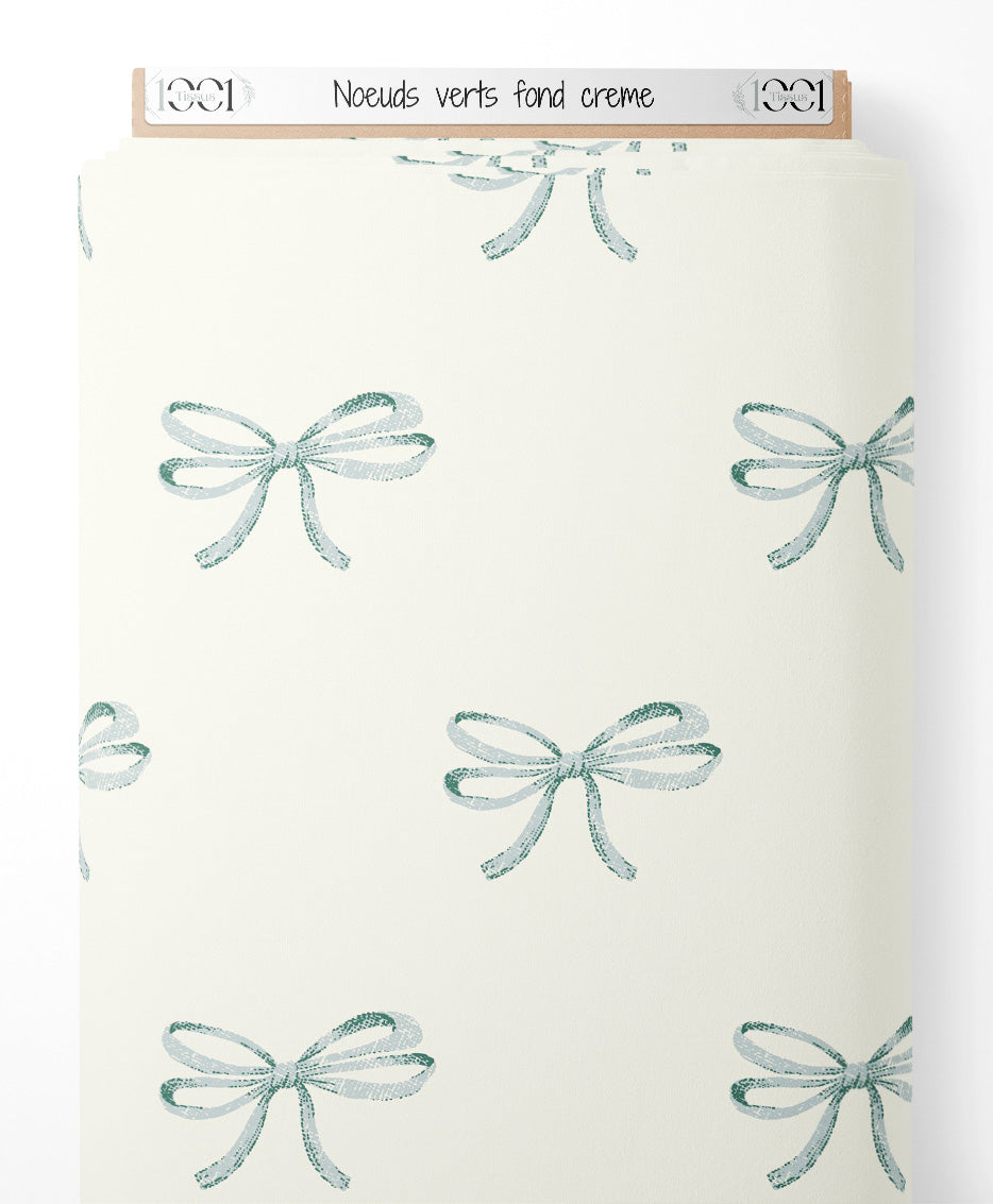 Tissu - Nœuds verts sur fond crème