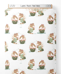Tissu - Lapins fleuris sur fond blanc