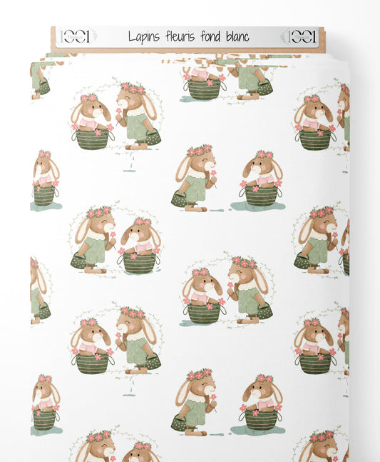 Tissu - Lapins fleuris sur fond blanc