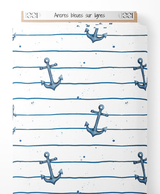 Tissu - Ancres bleues sur lignes
