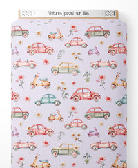 Tissu - Voitures pastel sur lilas