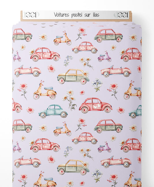 Tissu - Voitures pastel sur lilas