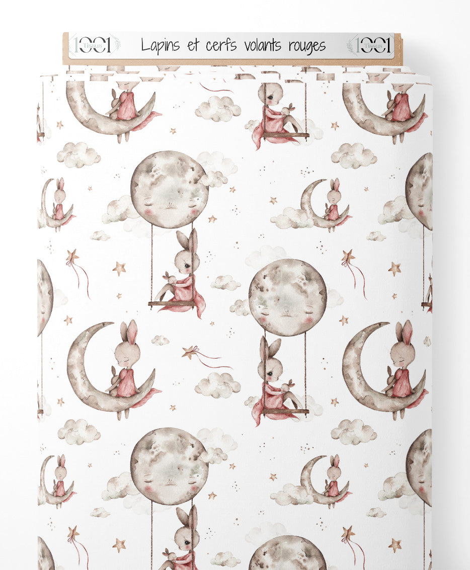 Tissu - Lapins et cerfs-volants rouges