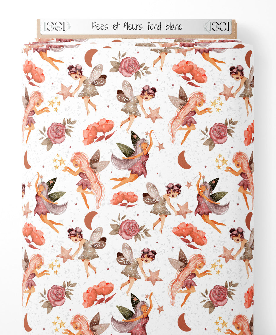 Tissu - Fées et fleurs sur fond blanc