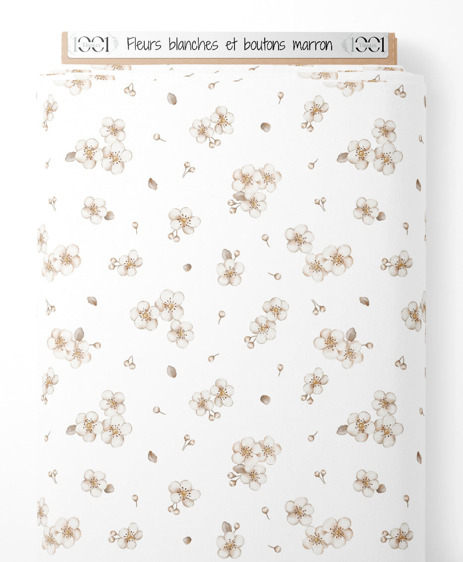 Tissu - Fleurs blanches et boutons marron