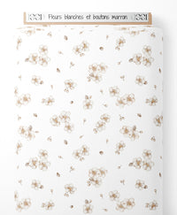 Tissu - Fleurs blanches et boutons marron