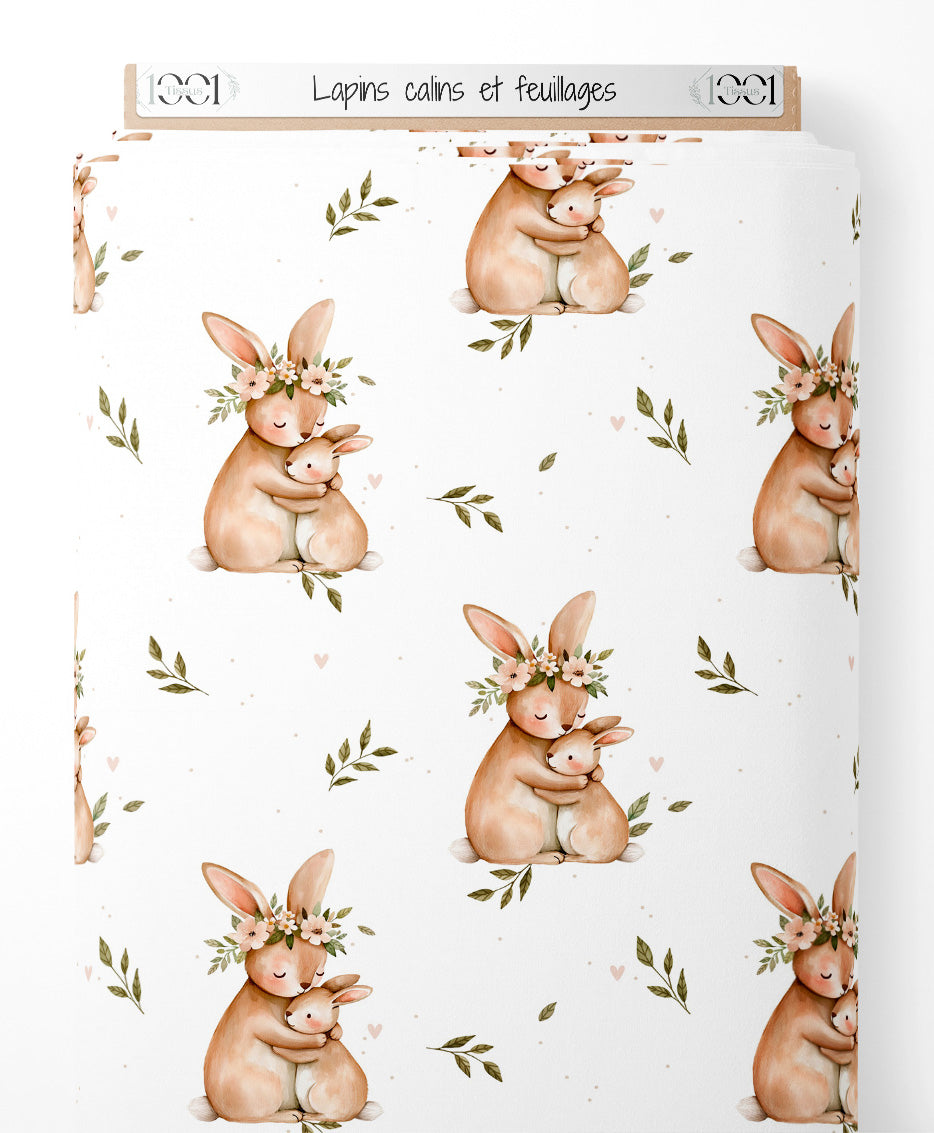 Tissu - Lapins câlins et feuillages