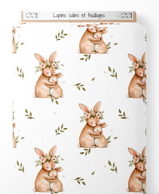 Tissu - Lapins câlins et feuillages