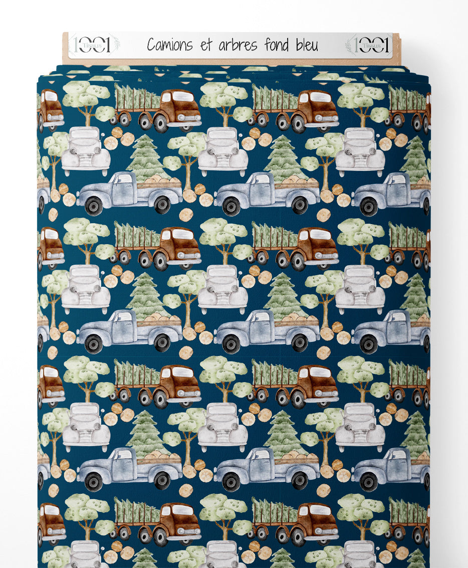 Tissu - Camions et arbres sur fond bleu