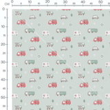 Tissu - Véhicules colorés sur vert clair