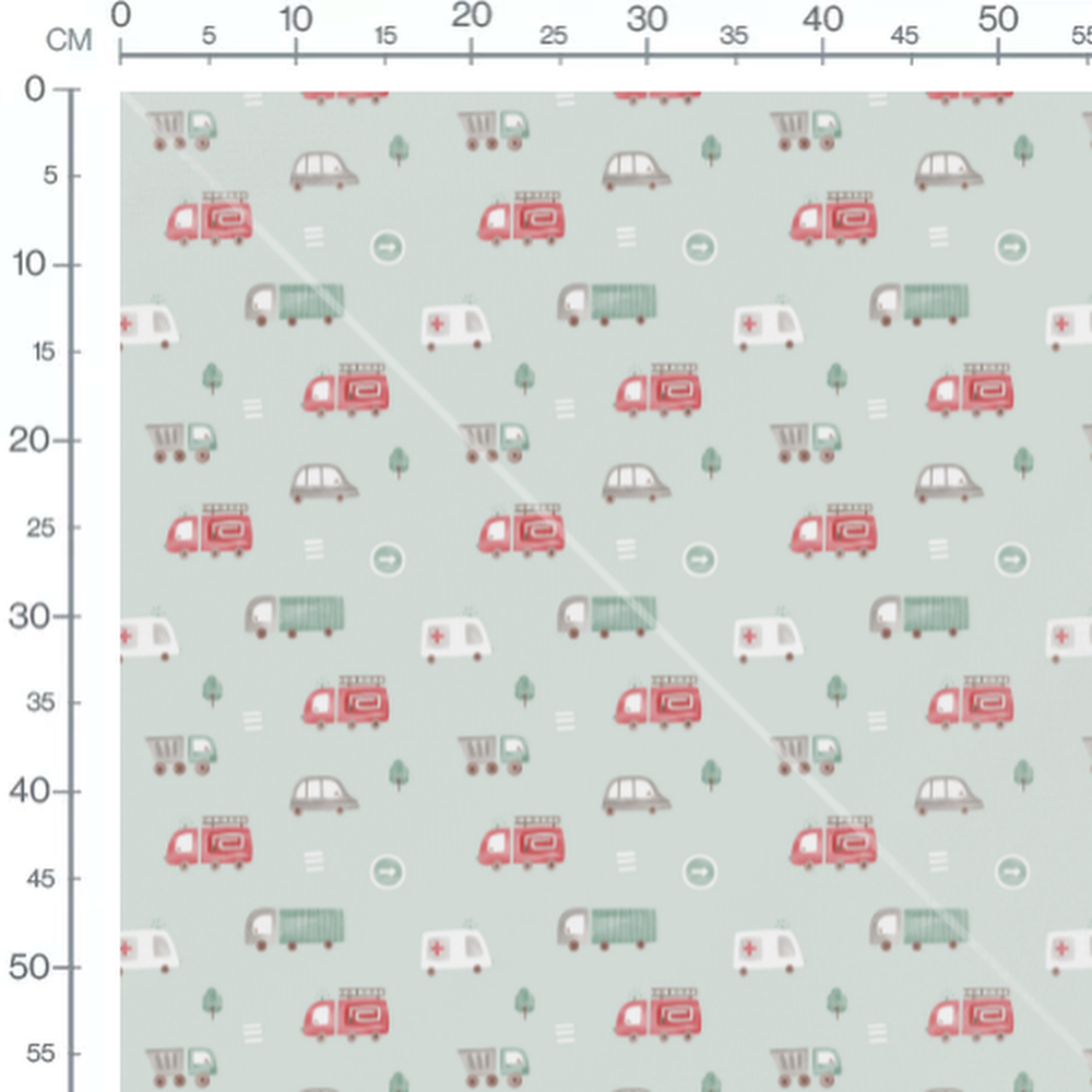 Tissu - Véhicules colorés sur vert clair