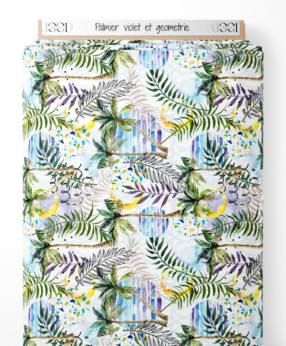 Tissu - Palmier violet et géométrie