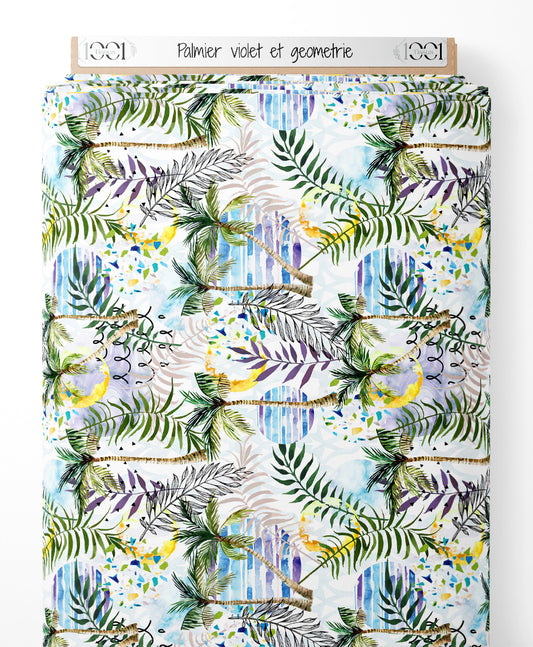 Tissu - Palmier violet et géométrie