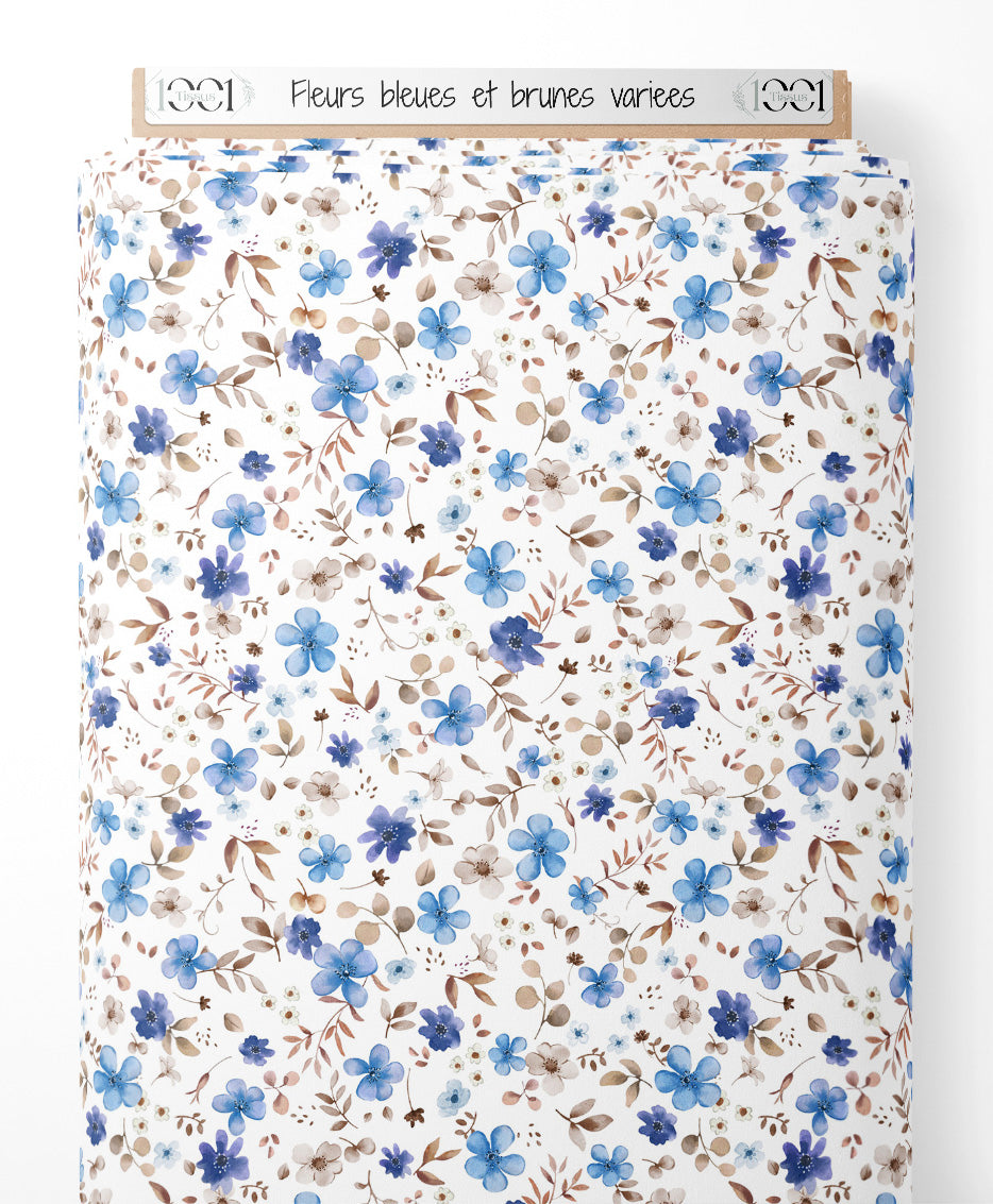 Tissu - Fleurs bleues et brunes variées