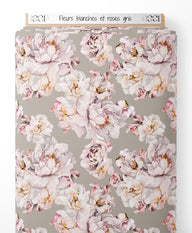 Tissu - Fleurs blanches et roses gris