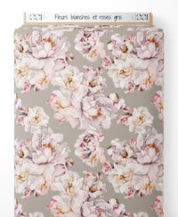 Tissu - Fleurs blanches et roses gris