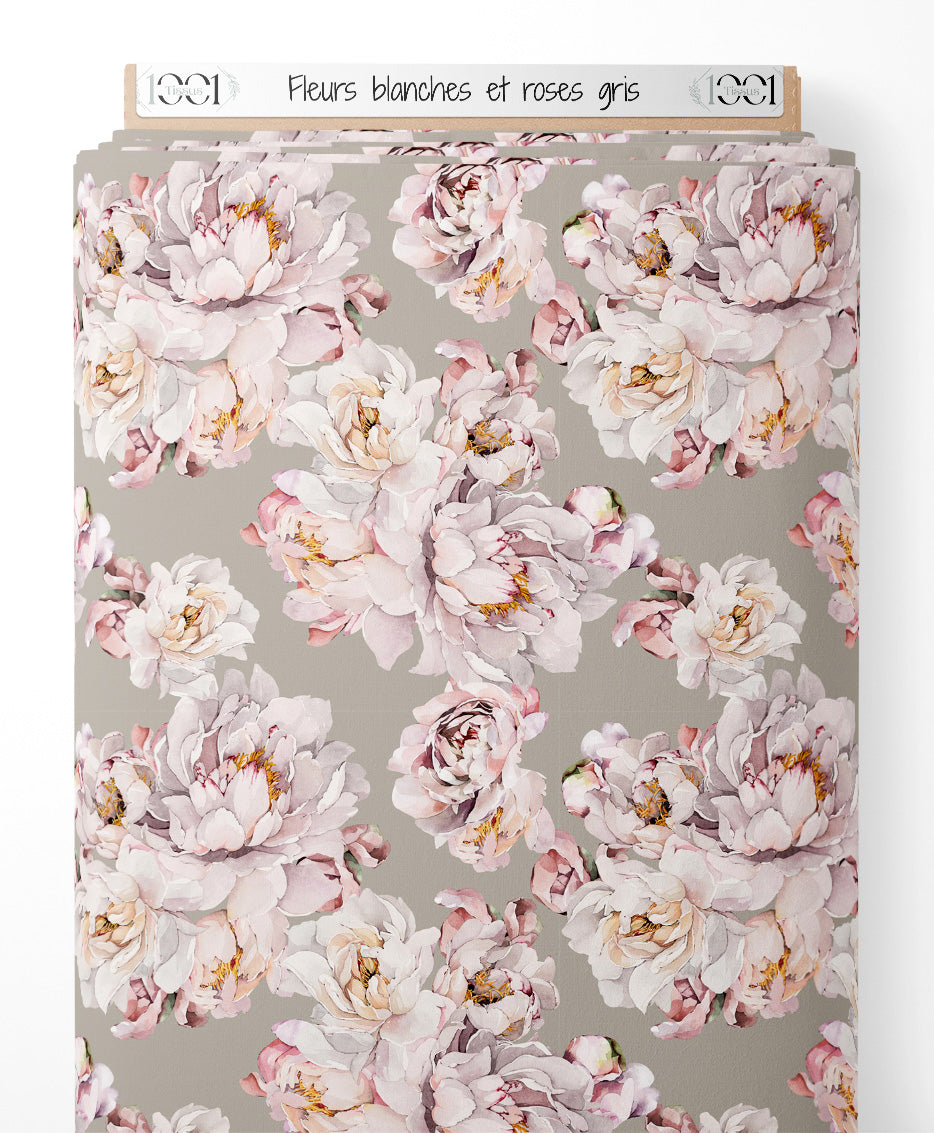 Tissu - Fleurs blanches et roses gris