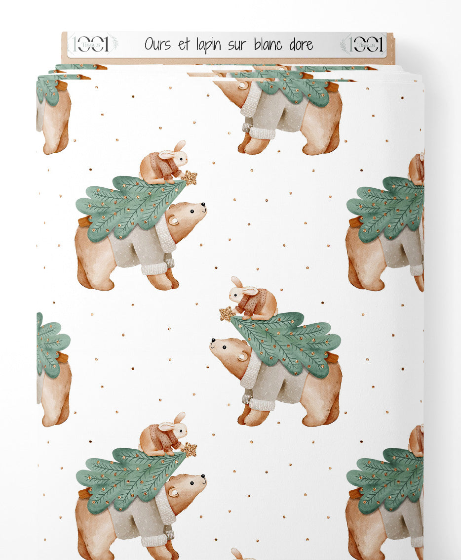 Tissu - Ours et lapin sur blanc doré
