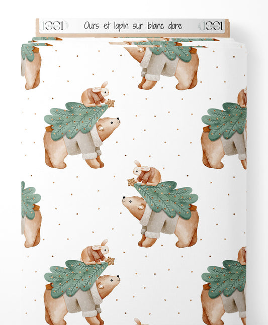 Tissu - Ours et lapin sur blanc doré
