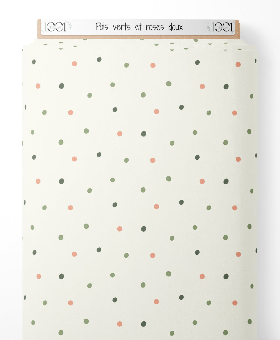 Tissu - Pois verts et roses doux