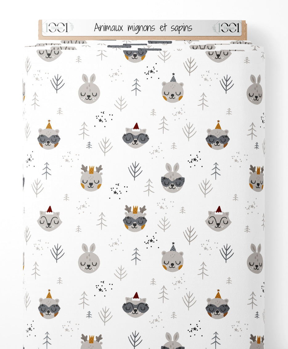 Tissu - Animaux mignons et sapins