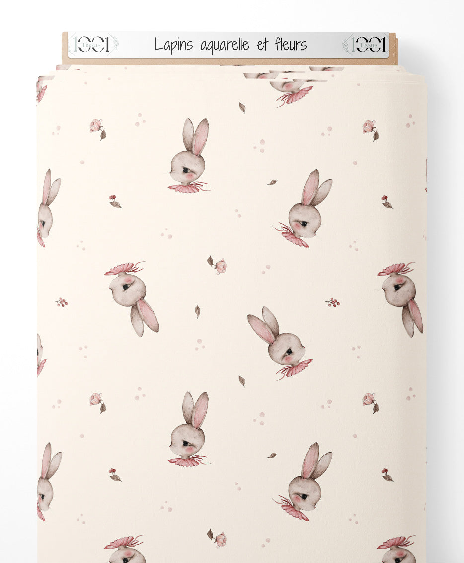 Tissu - Lapins aquarelle et fleurs