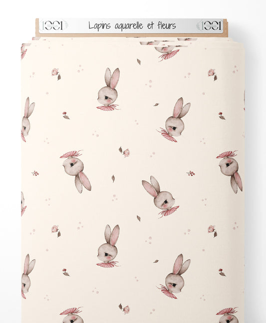 Tissu - Lapins aquarelle et fleurs
