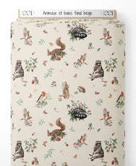 Tissu - Animaux et baies sur fond beige