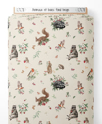 Tissu - Animaux et baies sur fond beige